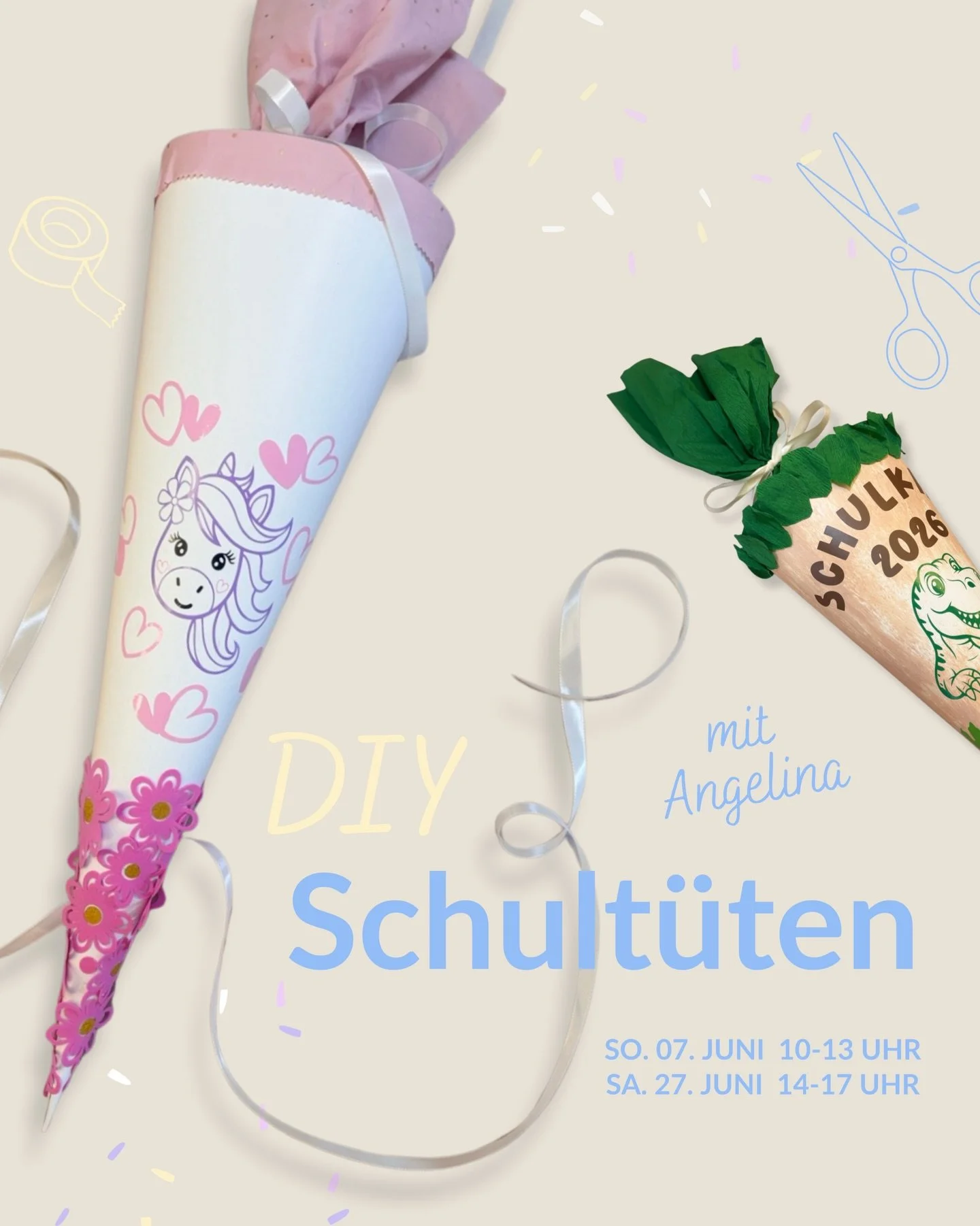 DIY Schult&uuml;ten Workshop 🎉

Kreativzeit f&uuml;r dich und ein ganz besonderes Geschenk zum Schulstart 💛

In unserem Workshop gestaltest eine ganz pers&ouml;nliche Schult&uuml;te. 
Mit viel Liebe zum Detail, hochwertigen Materialien und ganz ohn