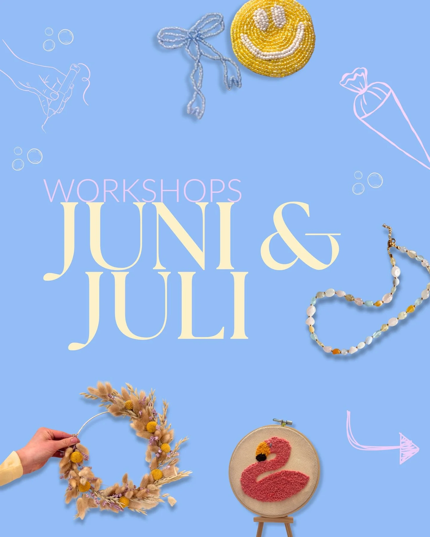 Workshops Juni &amp; Juli 
Dein kreativer Sommer wartet auf dich 💛

Ob Schmuck  mit Caro von @houseofnikodem gestalten, Punch Needle ausprobieren, Trockenblumen binden oder Makramee knoten mit Johanna von @bsteln_mit_herz ,in unseren Sommer-Workshop