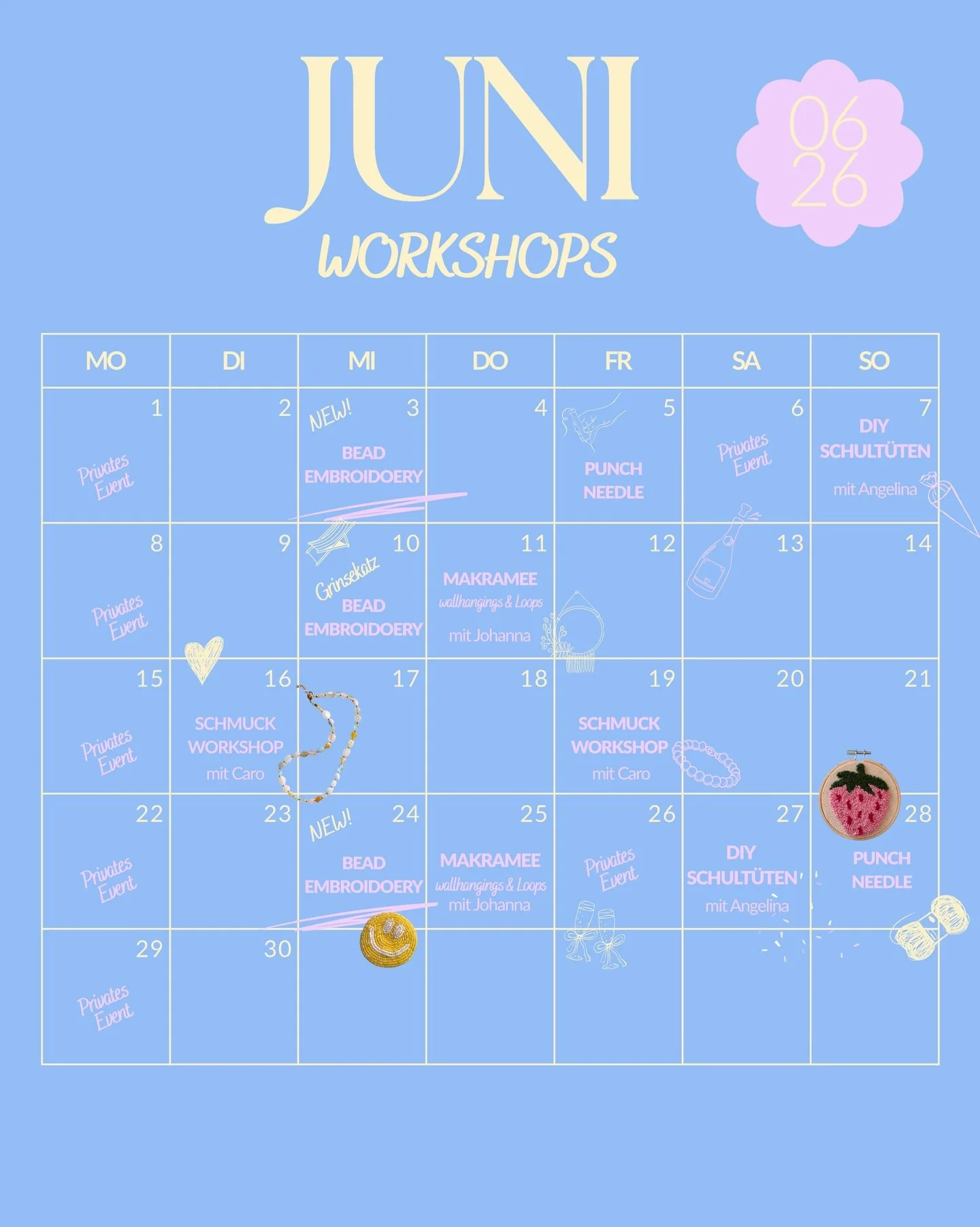 JUNI WORKSHOPS ✨

Freu dich auf unsere Workshops im Juni &ndash; von Bead Embroidery &uuml;ber Makramee mit @bsteln_mit_herz bis hin zu Punch Needle &amp; Schmuckdesign mit @houseofnikodem ✨

Neu im Juni: Ein Workshop findet erstmalig an einem Mittwo