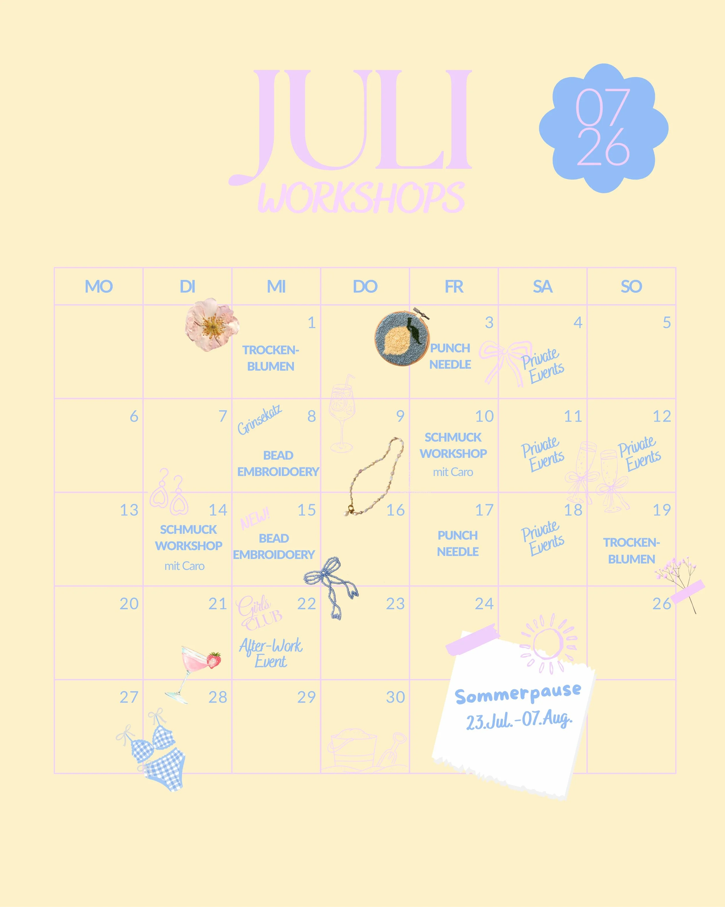 JULI WORKSHOPS ☀️

Der Juli wird nochmal richtig sch&ouml;n kreativ. 
Freut euch auf Schmuck-Workshops mit der lieben Caro von @houseofnikodem 💍✨, Punch Needle Abende, Trockenblumen-Workshops und gleich zwei Termine f&uuml;r Bead Embroidery 🪡🌸

Be