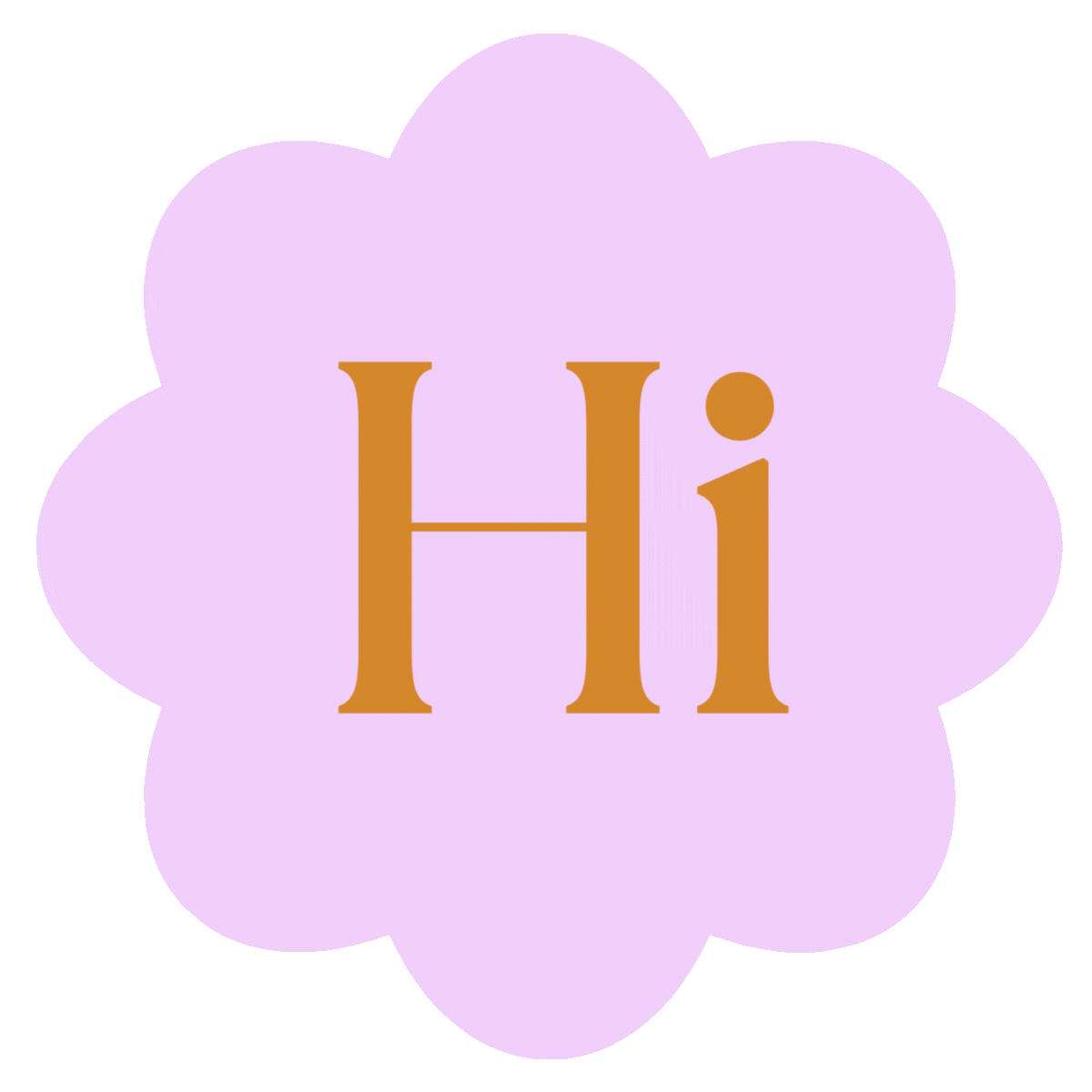 Das Wort 'Hi' in brauner Schriftart auf einem pastell-lila Hintergrund mit Blütenform.