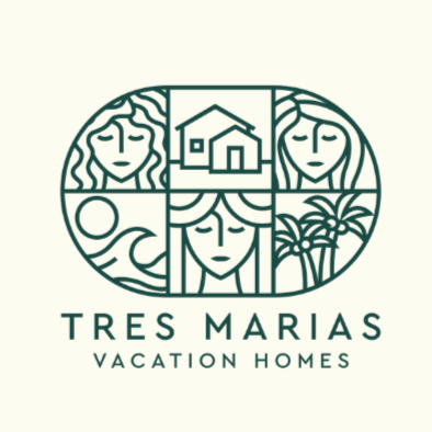 Logo for Tres Marias Vacation Homes featuring three women, a house, a sun, and palm trees.