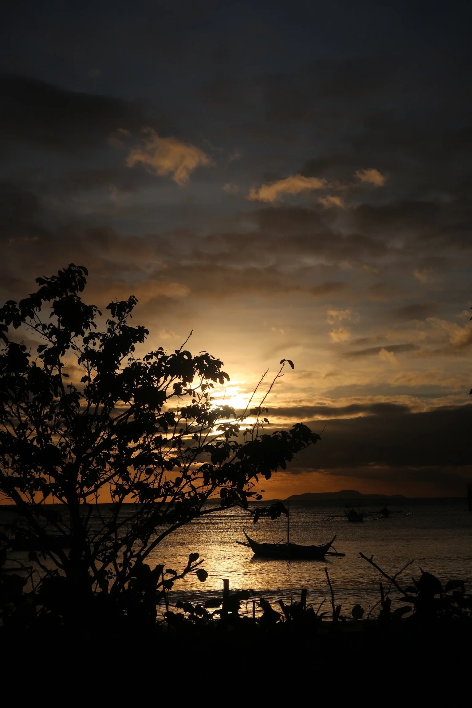 A sunset over the ocean with boats floating on the water, silhouetted trees in the foreground, and a partly cloudy sky.