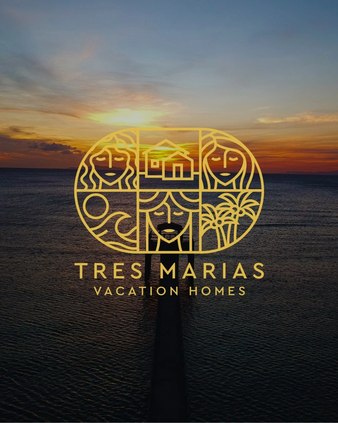 Logo for Tres Marias Vacation Homes featuring three women, a house, a sun, and palm trees.