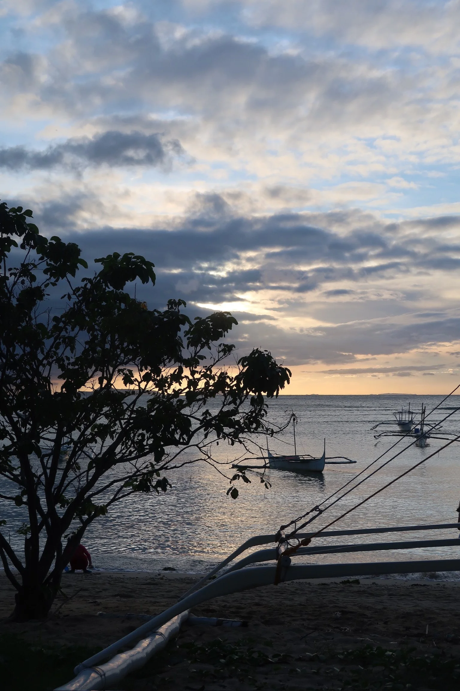 A beach scene during sunset with boats on the water, a tree in the foreground, and clouds in the sky.