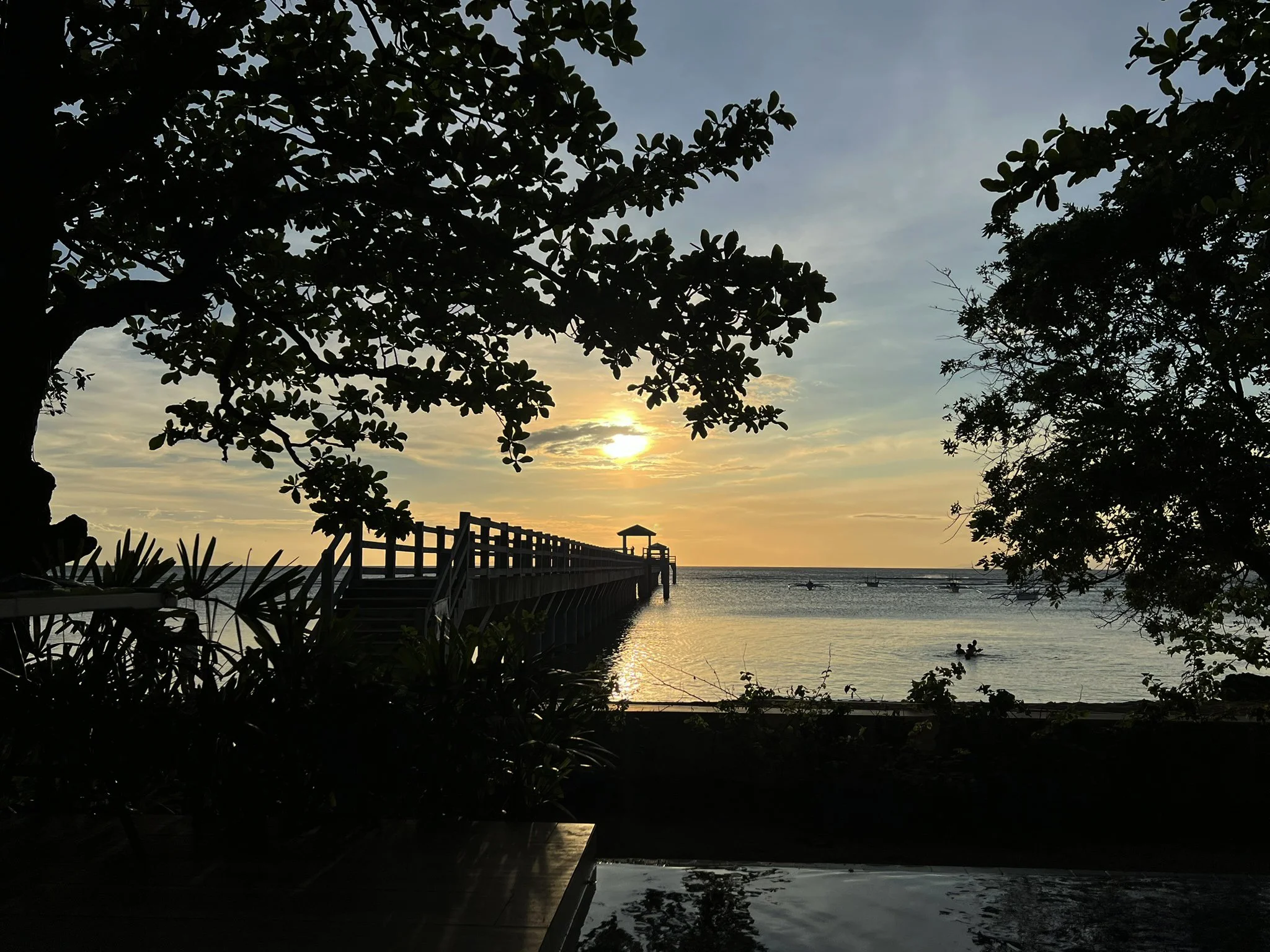 Sunset over the ocean with a pier extending into the water, surrounded by trees and silhouettes of people swimming.