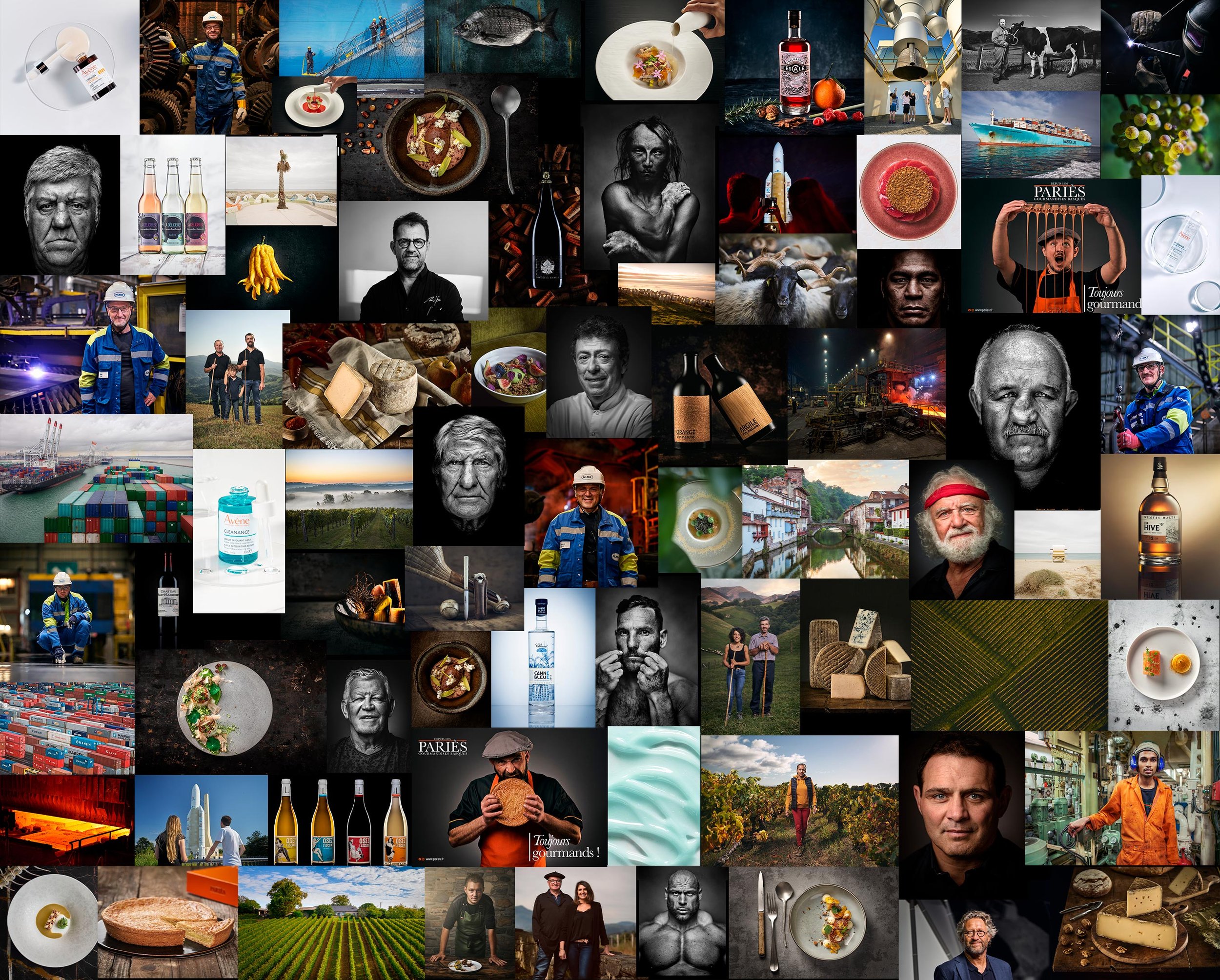 Collage de diverses images représentant des personnes, des paysages, des aliments, des produits, des activités industrielles et des objets variés.