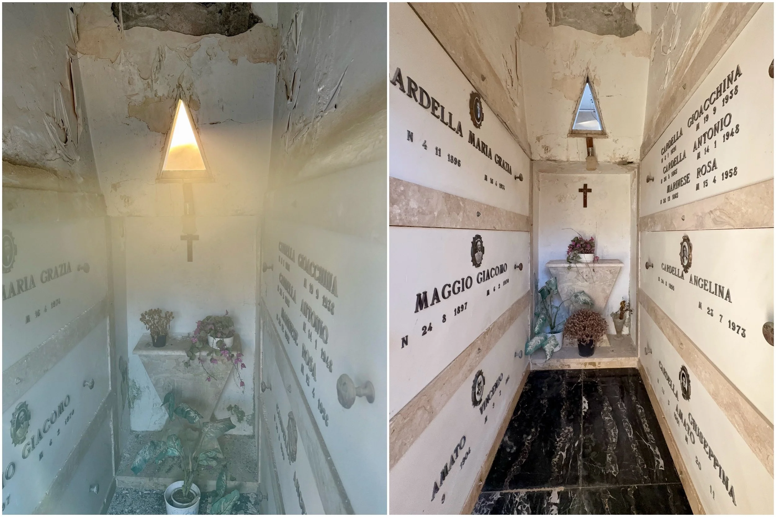 Side by side 'Before' and 'After' photos of a cleaned private chapel - YpsiRoots Grave Cleaning Service