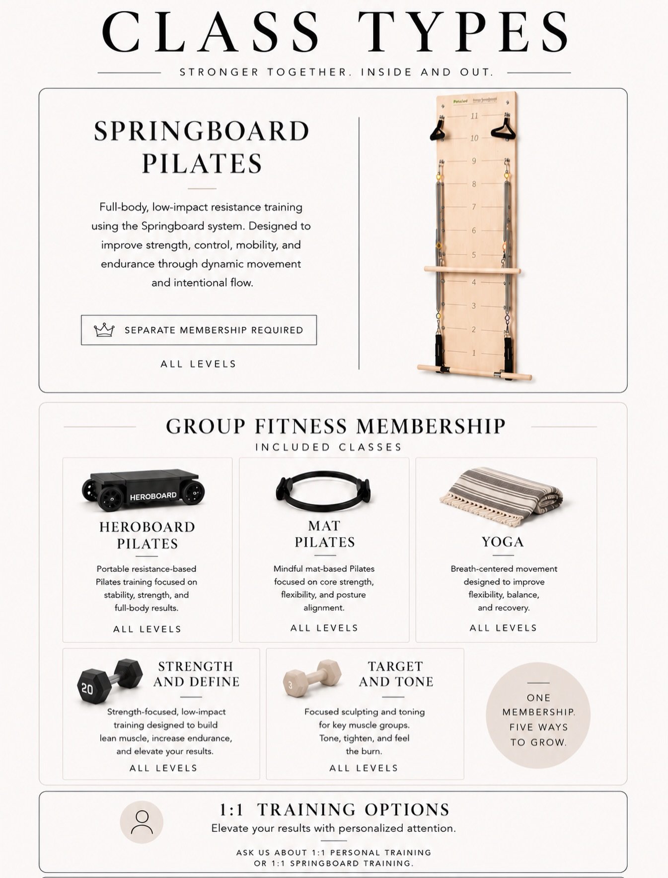 Springboard Pilates calendar is officially LIVE ✨

Group Fitness classes officially begin 6/5

Founding Member rates are still available for a limited time 🖤 

Please note: additional classes and time slots will continue to be added over the coming 