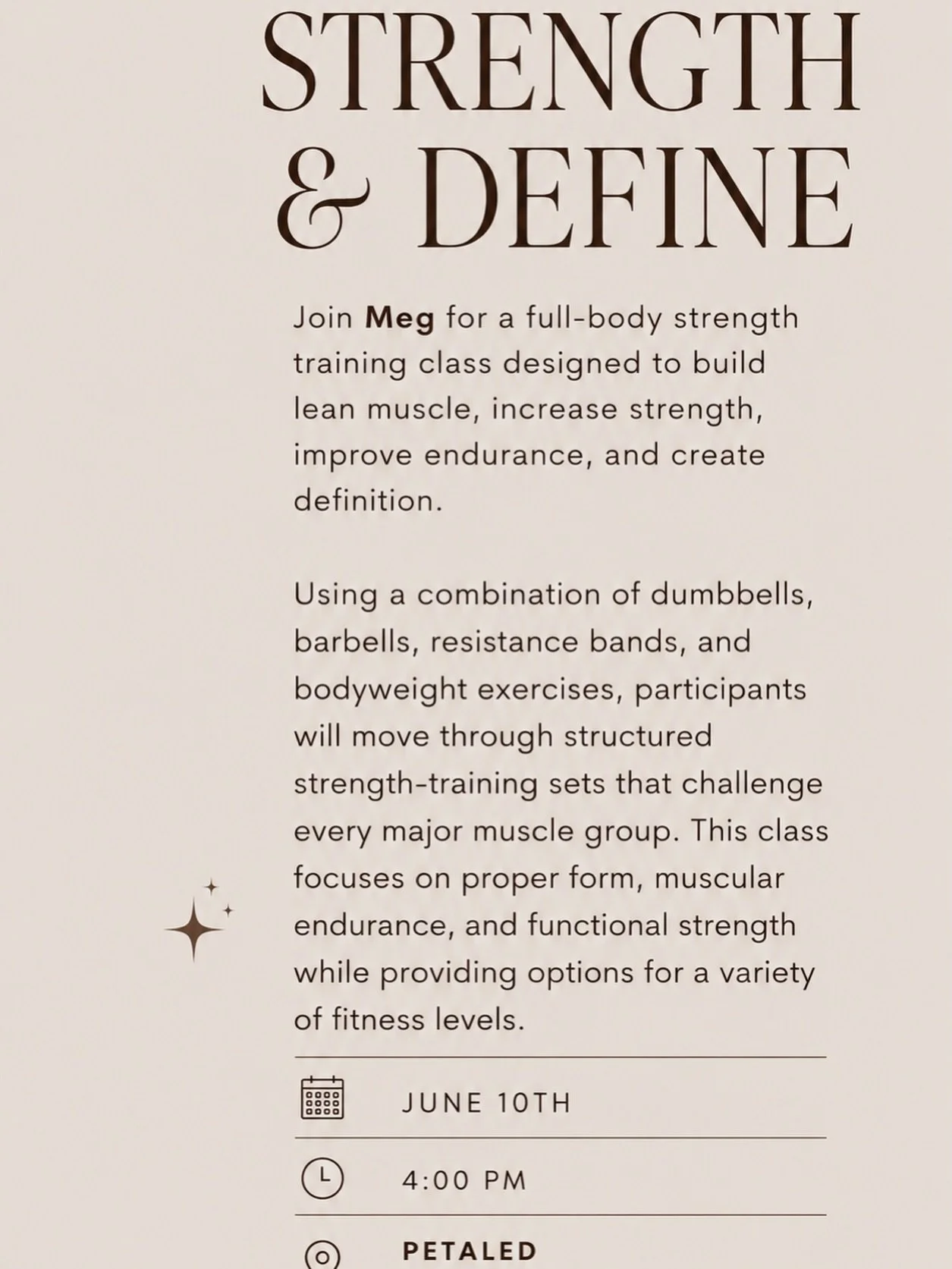 Join Meg on 6/10 for her complimentary 1-hour Strength &amp; Define class! Goodie bags included for all attendees.

You can also catch Meg every Wednesday at 4:15 PM for a full-body strength training workout designed to build lean muscle, increase st