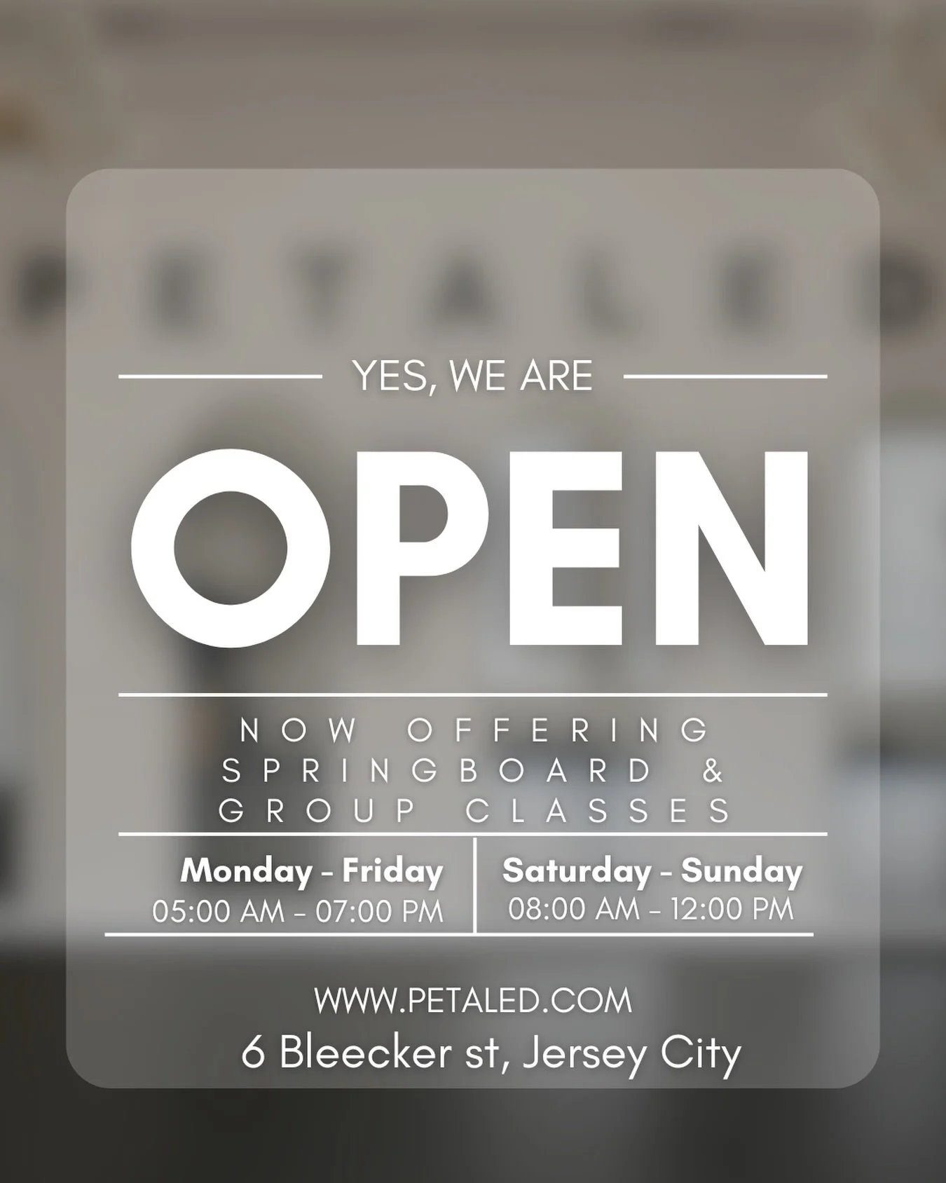PETALED is open and welcoming you to experience Springboard Pilates, group fitness, and personal training designed to challenge, strengthen, and elevate your routine.

Come move with us at 6 Bleecker St, Jersey City 

We&rsquo;re excited to have you 