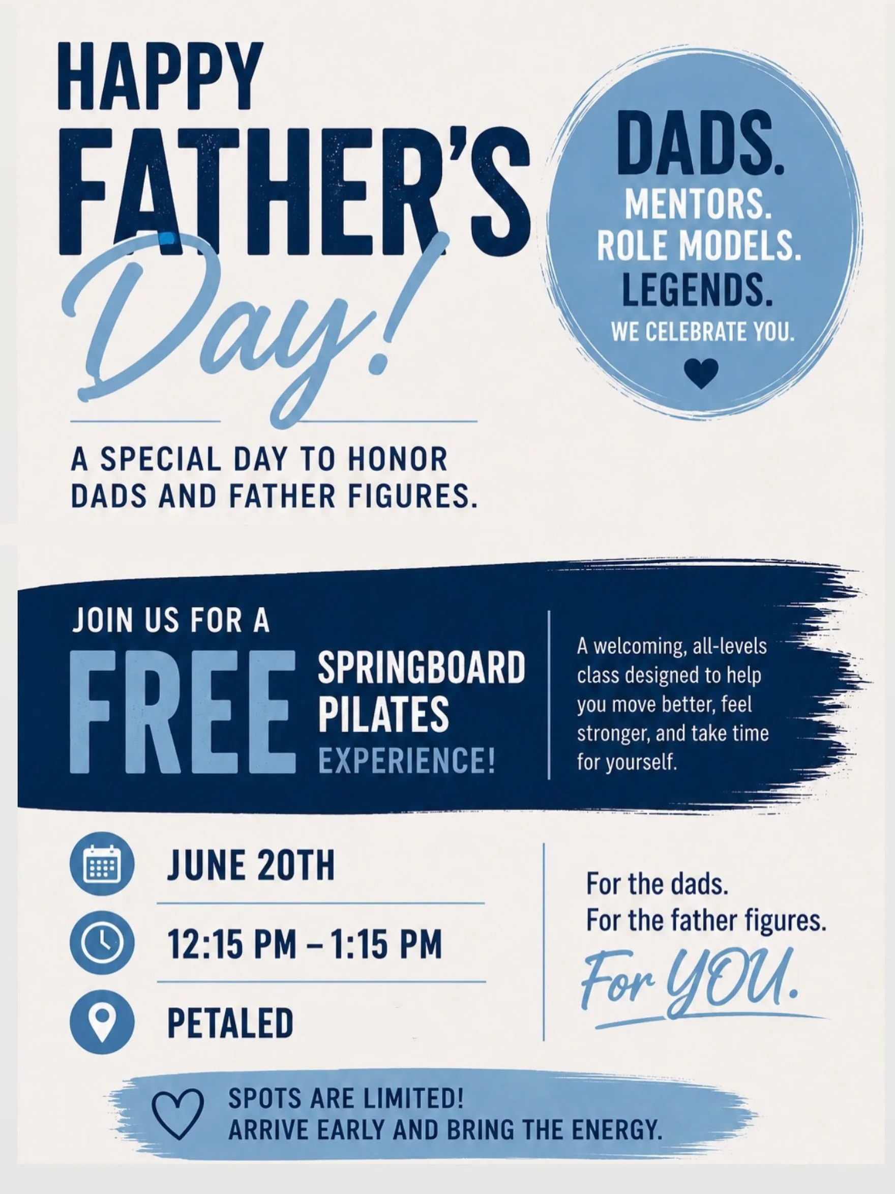 HAPPY FATHER&rsquo;S DAY FROM PETALED ✨

In celebration of dads and father figures, we&rsquo;re hosting a special FREE Springboard Pilates experience.

JUNE 20TH | 12:15 PM &ndash; 1:15 PM

Sign up or sign your special someone up today. DM for more d