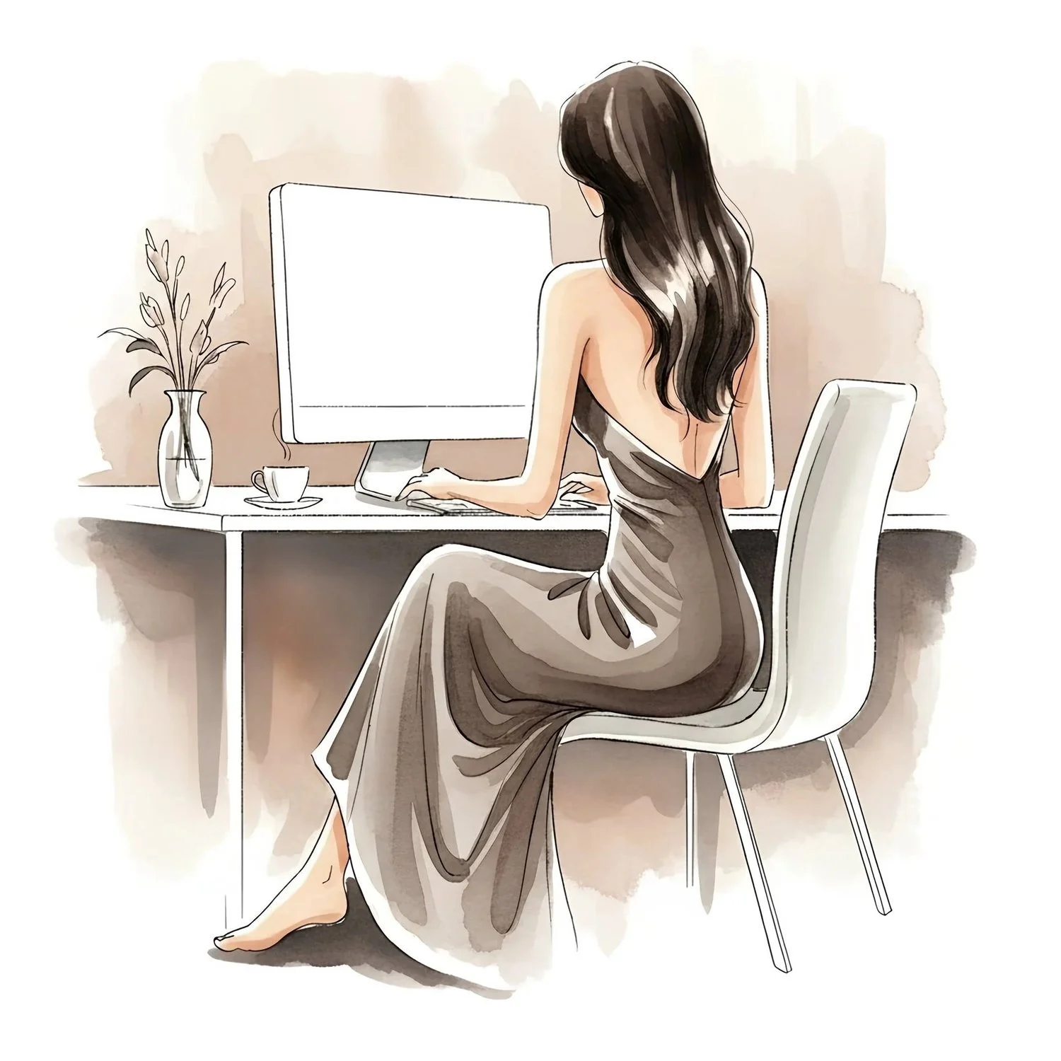 A watercolor illustration of a woman writing a diary entry on a computer