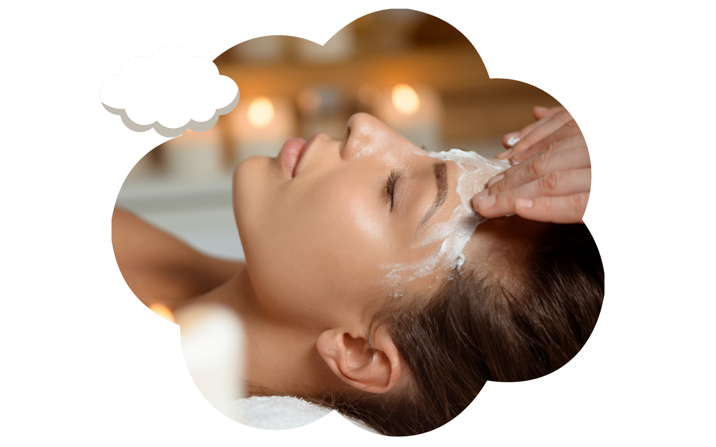 A woman with closed eyes receiving a facial treatment, with a skincare product being applied to her face in a spa or skincare clinic.