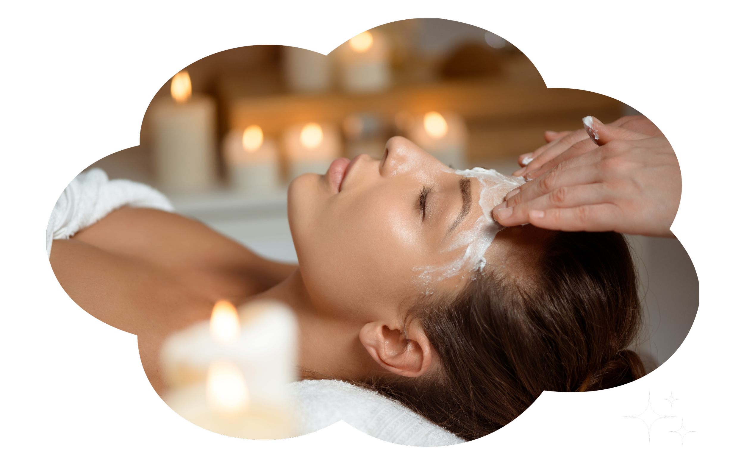 A woman receiving a facial treatment at a spa, with candles in the background.