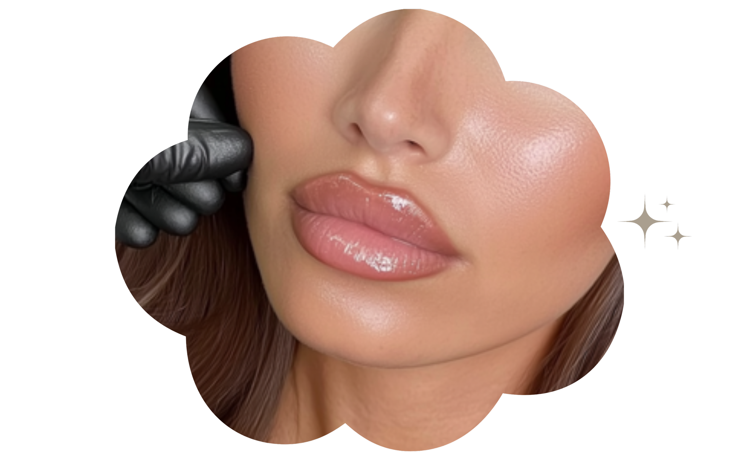 Close-up of a woman's face with full lips, smooth skin, and a gloved hand touching her cheek.