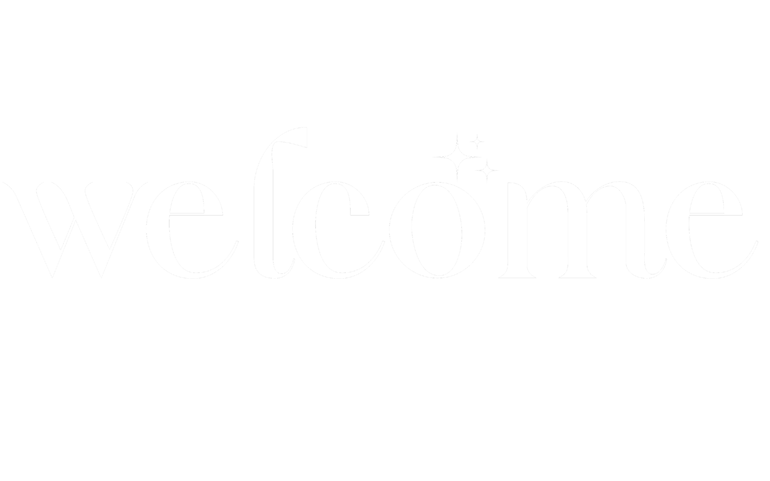 Black background with the word 'welcome' in large white letters, decorated with small star-like sparkles.