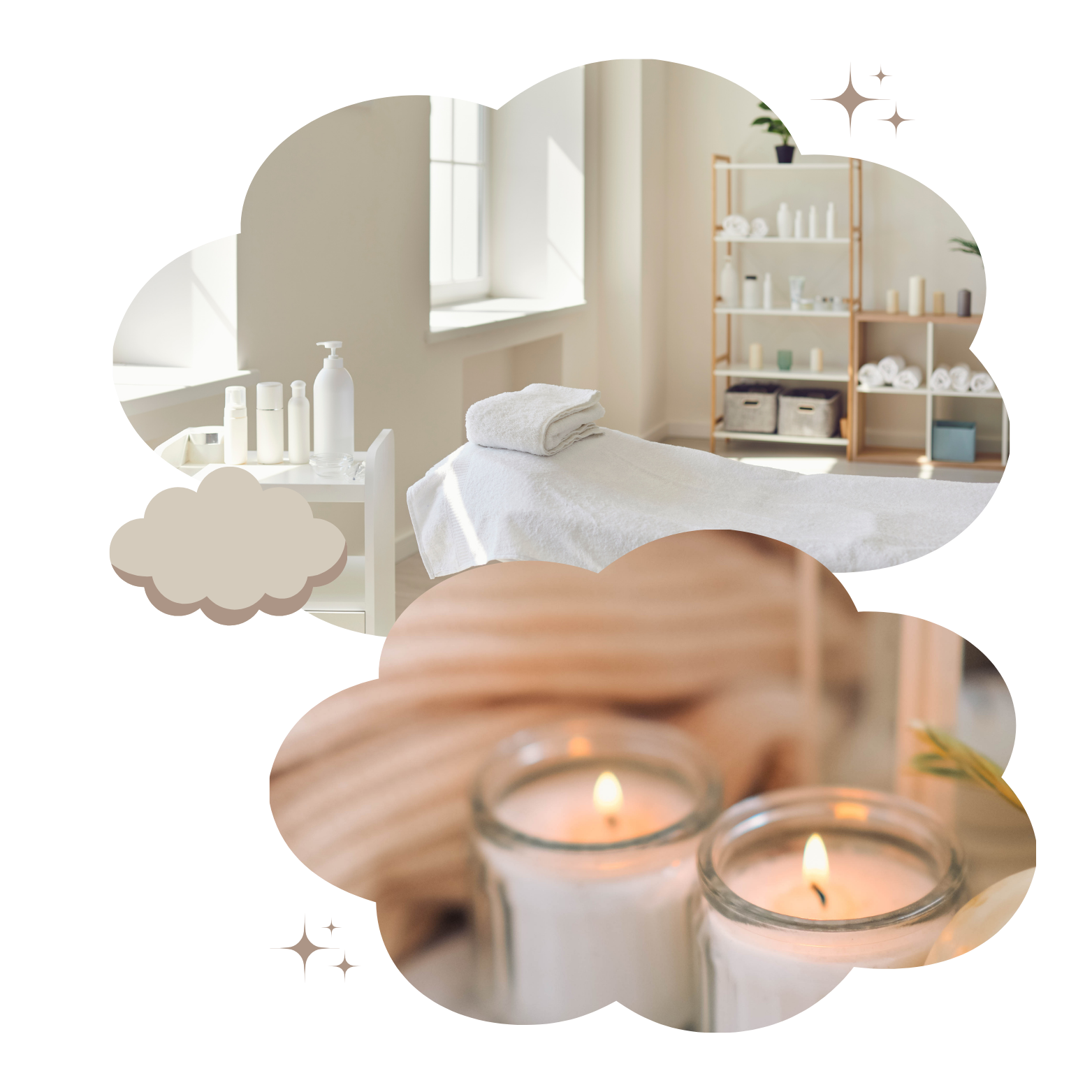 A massage therapy room with a massage table covered in white towels, shelves with rolled towels and various supplies, and candles for ambiance.