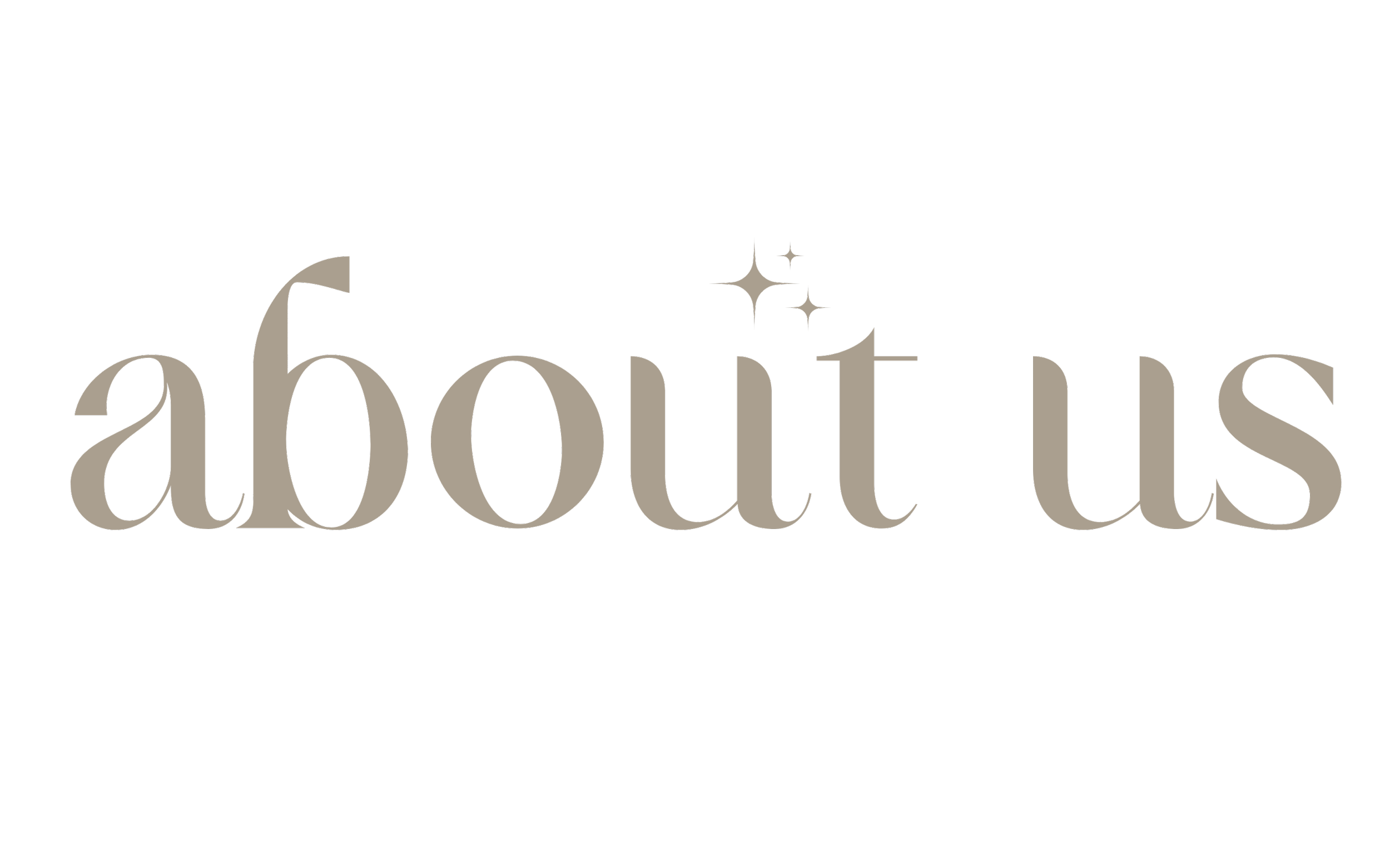 Text that reads 'about us' in large, elegant font with some sparkle effects above the letter 't' and the background is black.
