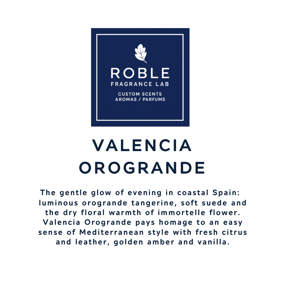 Label for Roble Fragrance Lab Valencia Orogrande perfume with description of scent notes and inspiration.