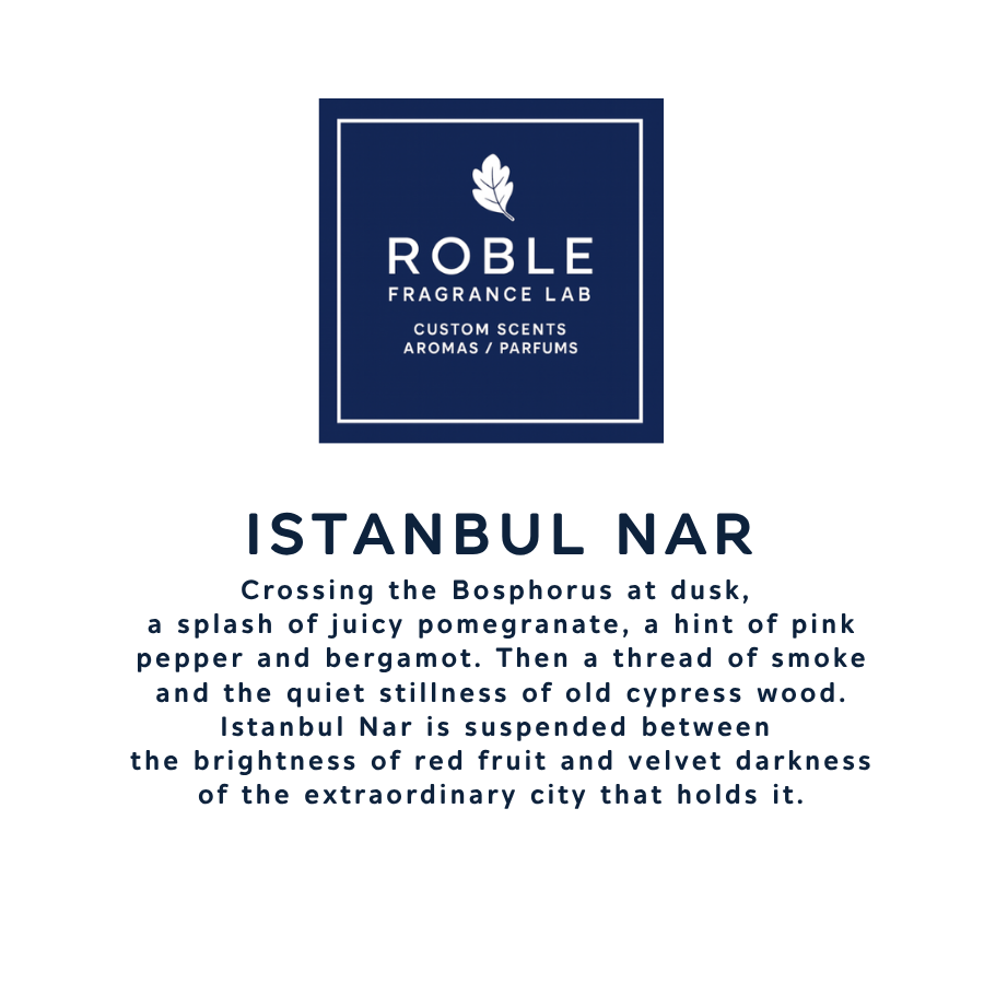 Bottle label for Roble Fragrance Lab's Istanbul Nar, featuring a description of the scent inspired by Istanbul at dusk, with notes of pomegranate, pink pepper, bergamot, smoke, and cedar wood.