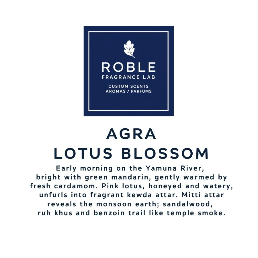 Label for Roble Fragrance Lab's Agra Lotus Blossom candle with a description of its scent and inspiration, featuring a dark blue background and white text.