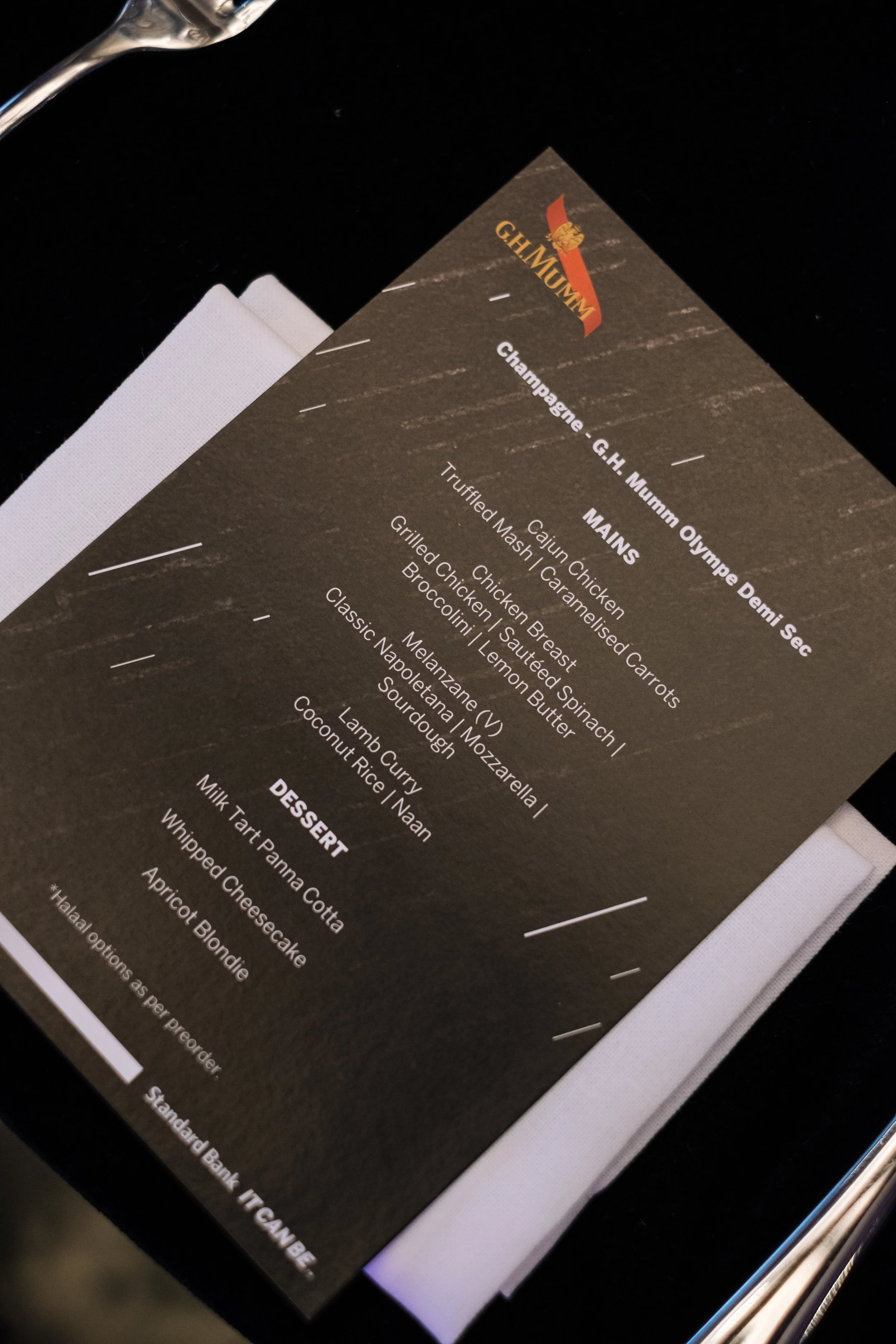 GH Mumm menu card for the Standard Bank Taste Tomorrow Series at The Pencil Club
