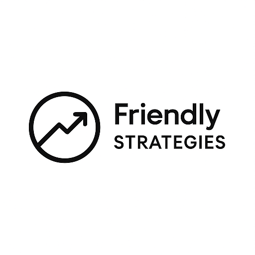 Logo with a circle and an upward trending arrow, next to the text 'Friendly STRATEGIES' in black font.