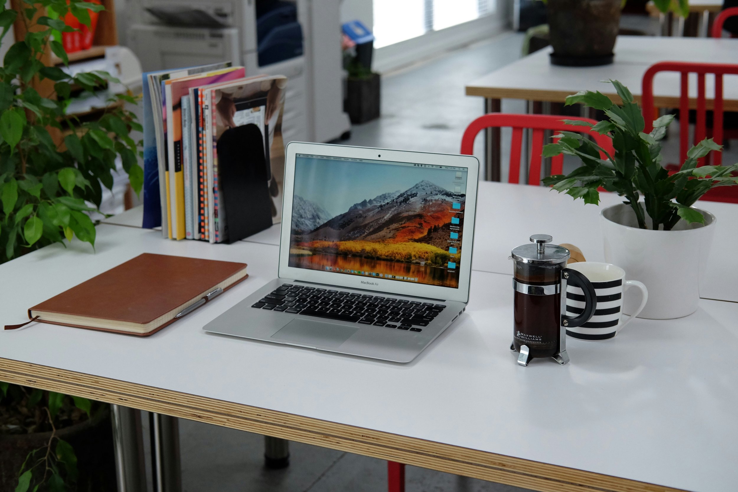 A workspace desk with a laptop, a closed brown notebook, a French press coffee maker, two striped cups, and a potted plant. There are also magazines standing upright on the left side of the desk.