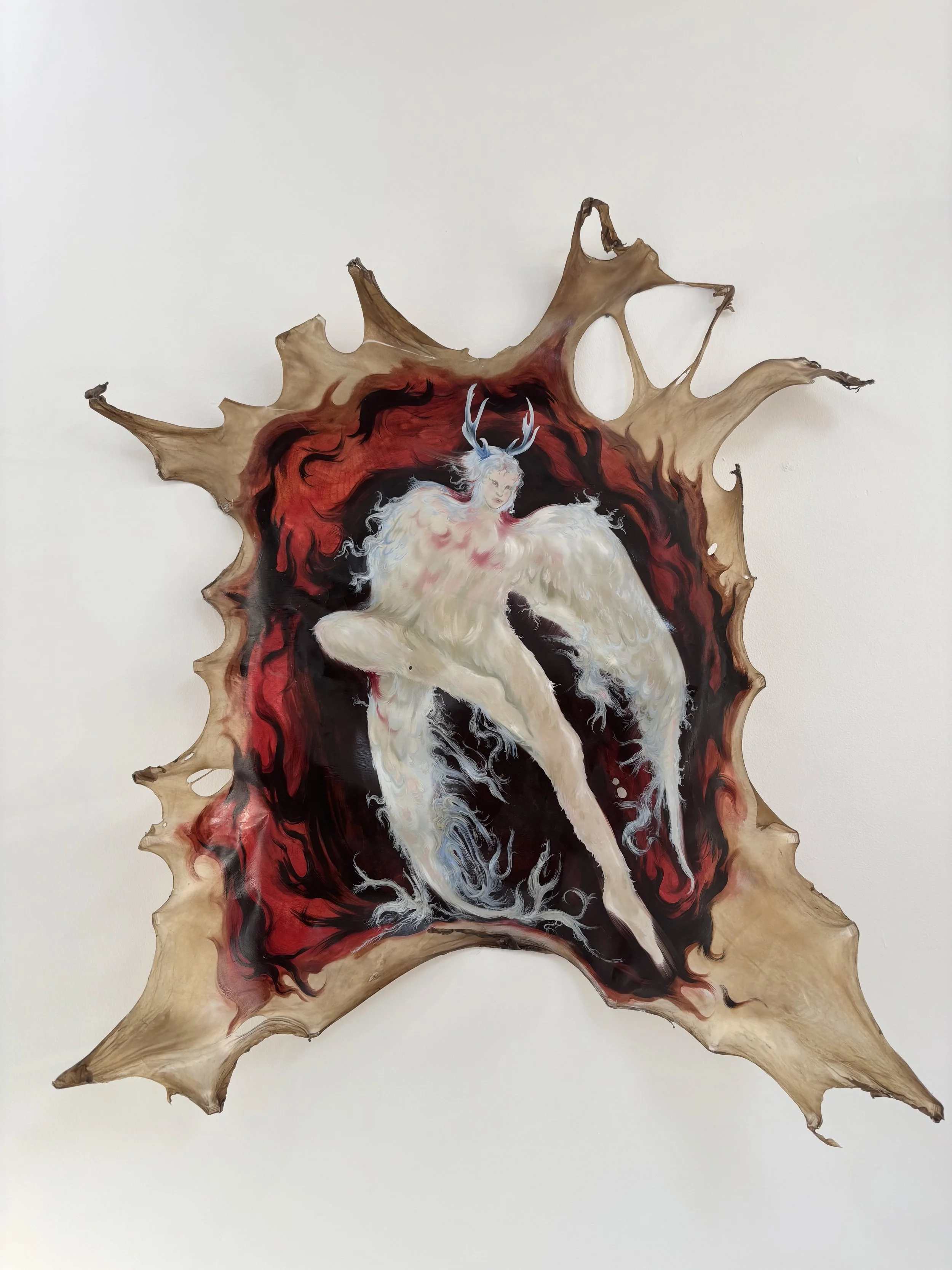 Into the Unknown, 2025, oil on deer hide, 11-13 square feet