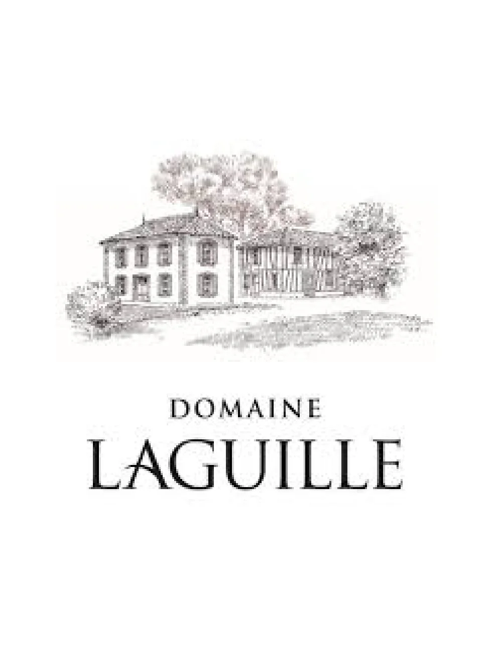 Une illustration d'une maison avec plusieurs arbres entourant le bâtiment, accompagnée du texte "Domaine Laguille".