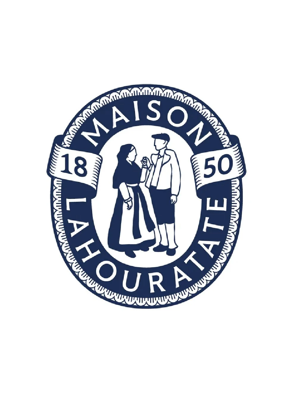 Logo bleu et blanc représentant une maison avec deux personnes en vêtements traditionnels français de part et d'autre, entouré du texte 'MAISON 1850' et 'LAHOURATATE'.