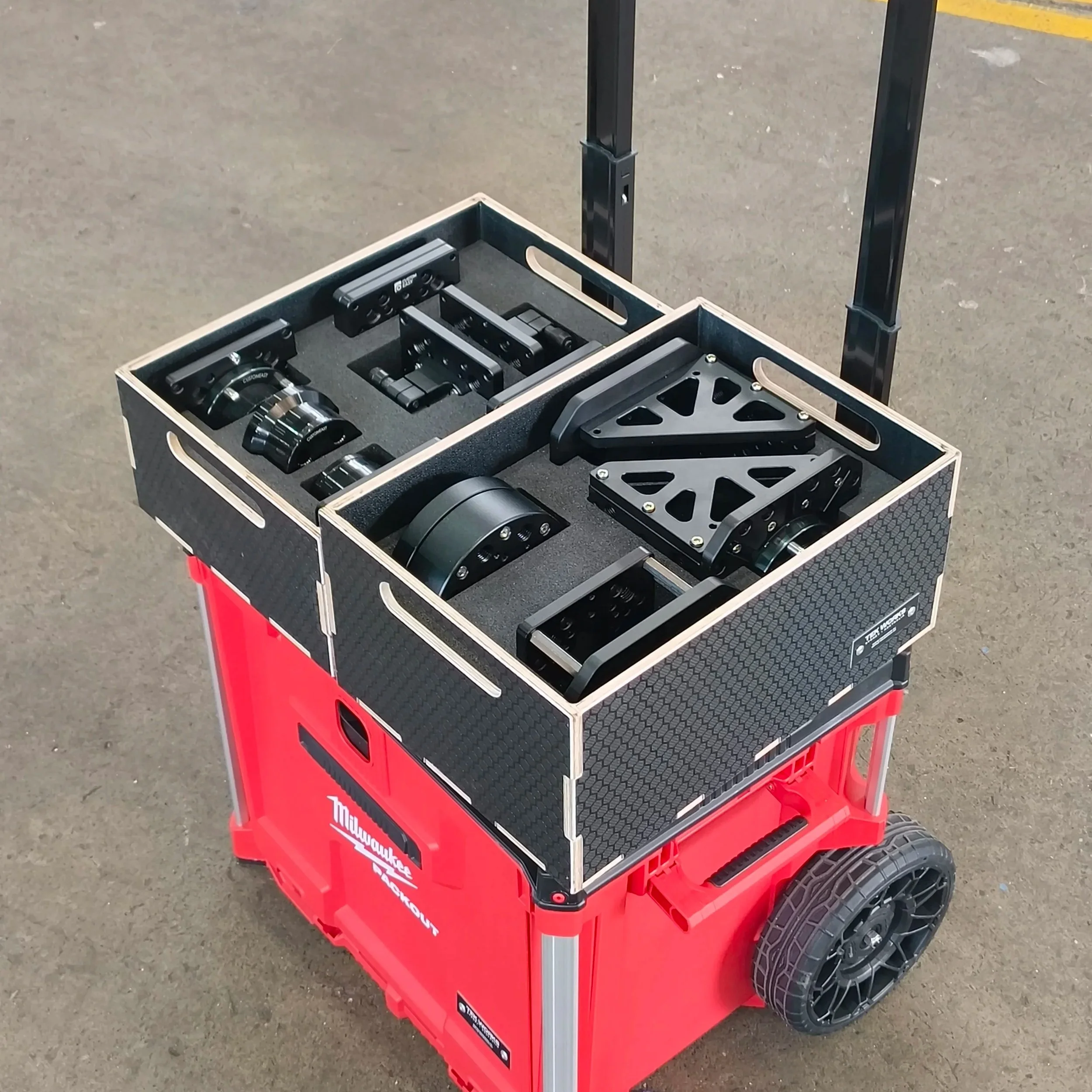Custom trays holding ModTruss accessories in a modified Milwaukee Packout toolbox