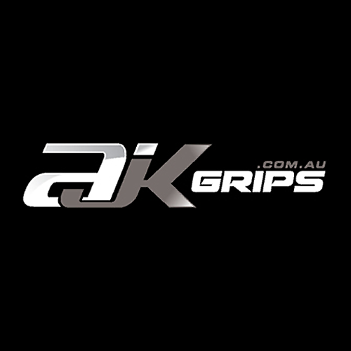 Logo for AJK Grips on a black background, featuring stylized silver text and the website URL .com.au.
