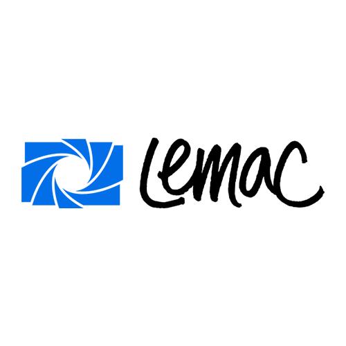Blue stylized camera aperture symbol with black Lemac logo to the right.