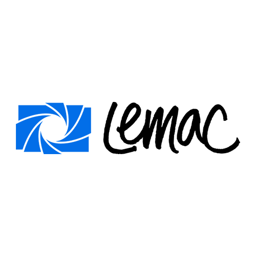 Lemac Logo in black with a smaller blue camera aperture icon to the left.