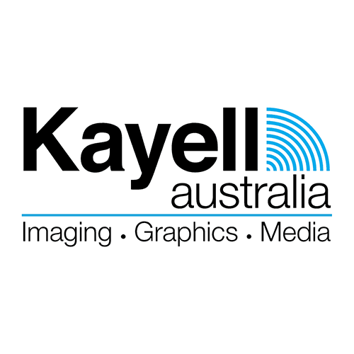 Kayell Australia logo with blue radio waves and text 'Imaging. Graphics. Media.'