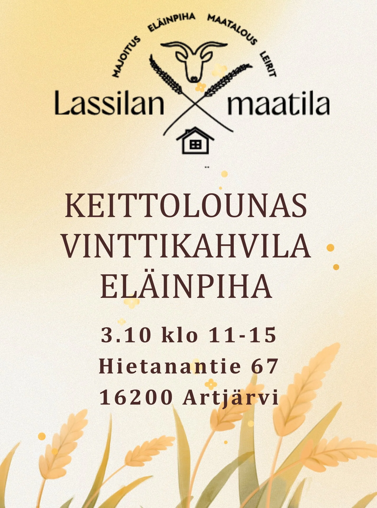 L&auml;mpim&auml;sti tervetuloa lauantaina 3.10 vinttikahvilaan sek&auml; keittolounaalle klo 11-15. 

Lounaalla valittavana on kermainen lohikeitto tai kasvissosekeitto, hintaan sis&auml;ltyy tilalla tehdyt leiv&auml;t; saaristolaisleip&auml;, s&aum