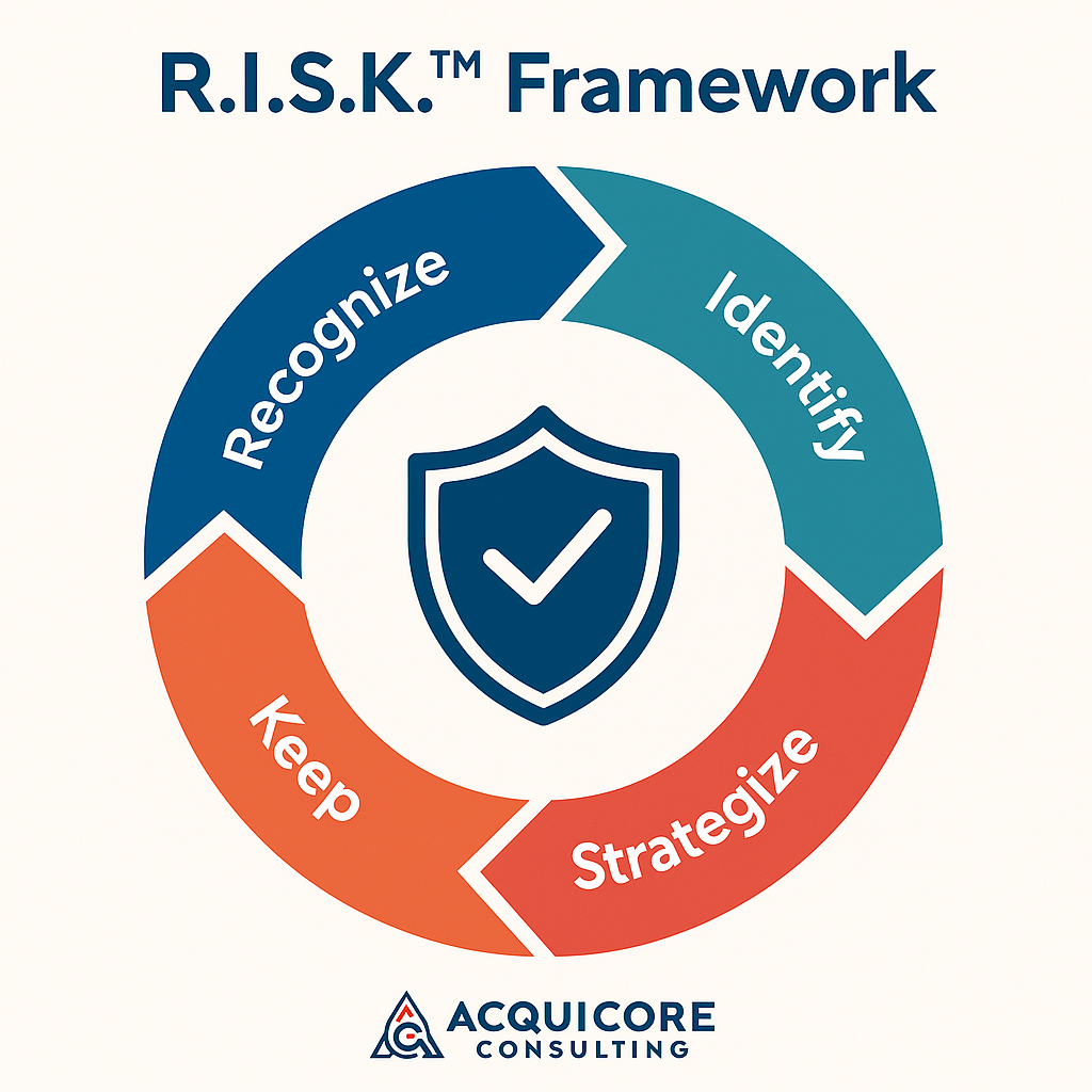 R.I.S.K.™ Framework diagram by AcquiCore Consulting showing four connected stages — Recognize, Identify, Safeguard, and Keep Moving — arranged around a shield icon symbolizing protection and proactive risk management.