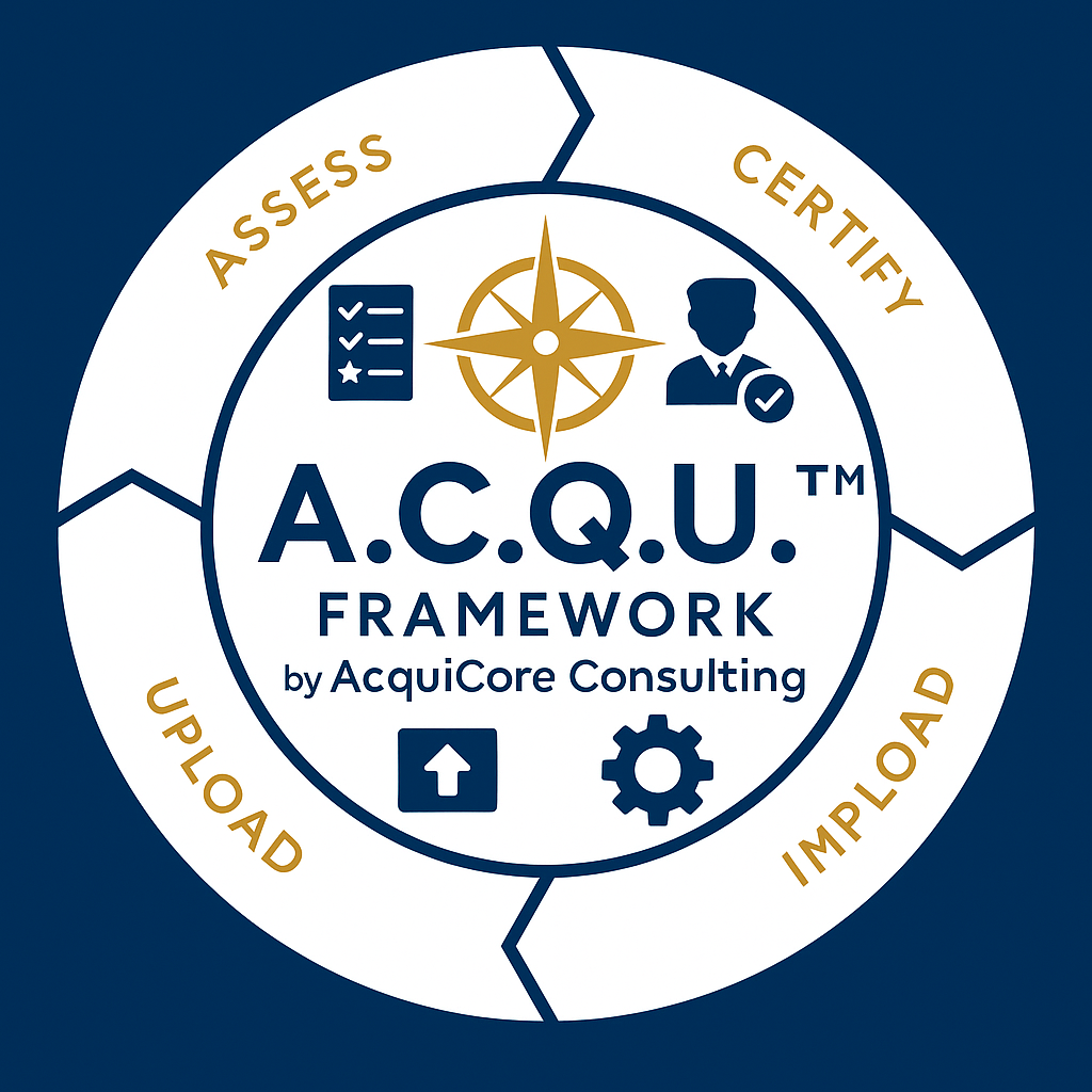 A.C.Q.U.I.™ Framework diagram by AcquiCore Consulting showing five interconnected stages — Assess, Certify, Qualify, Upload, and Implement — in a circular design representing the business readiness process.