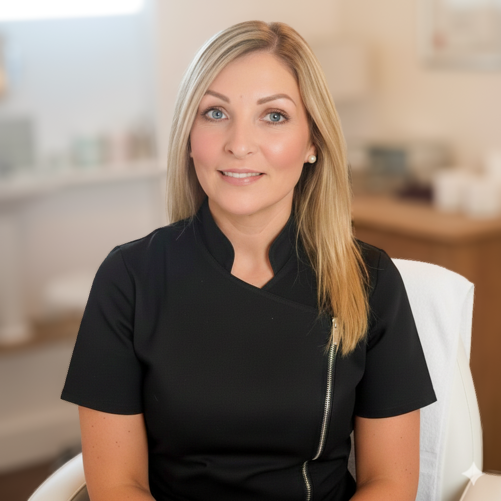 A smiling blonde woman with blue eyes, wearing a black professional uniform with a zipper, sitting in a medical or spa setting.