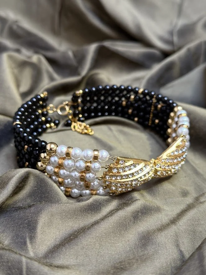 Vintage Pearl & Black Bead Choker with Rhinestone Bow