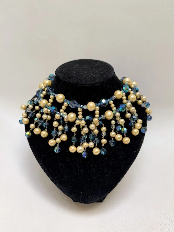 Blue Crystal & Faux Pearl Fringe Statement Necklace