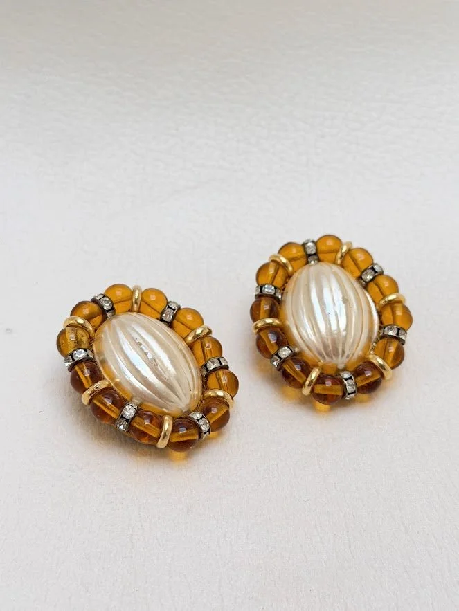 Vintage West Germany Faux Pearl & Amber Glass