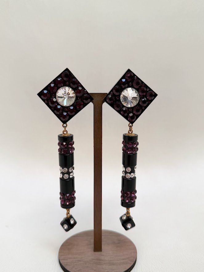 Vintage De Liguoro Black & Garnet Crystal Geometric Column Drop Earrings
