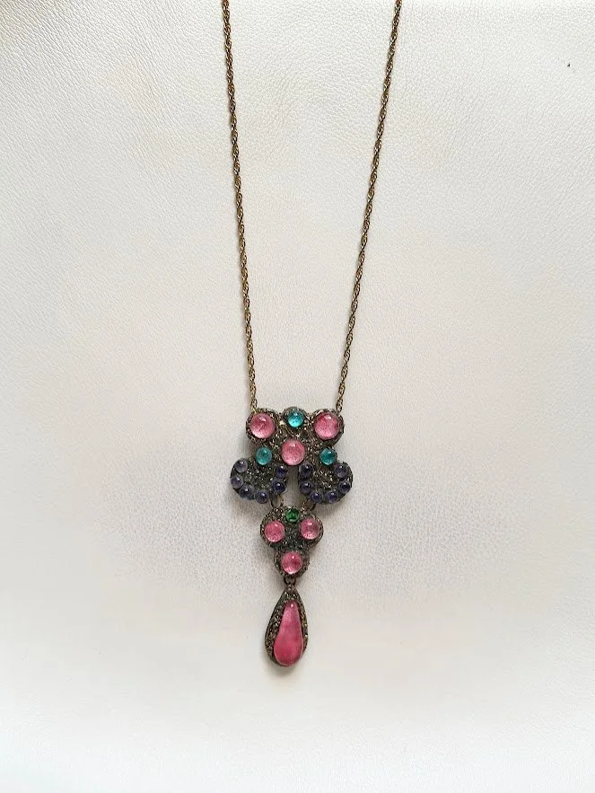 Pink & Teal Crystal Floral Pendant/Brooch Necklace