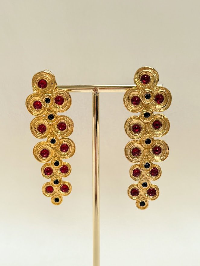 Vintage Gold-Tone Chandelier Earclips with Red Cabochons