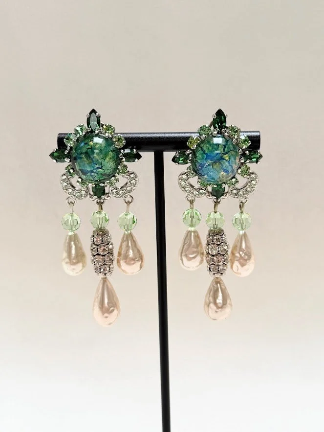 Christian Dior Germany Green Cabochon Rhinestone & Faux Pearl Drop Earclips