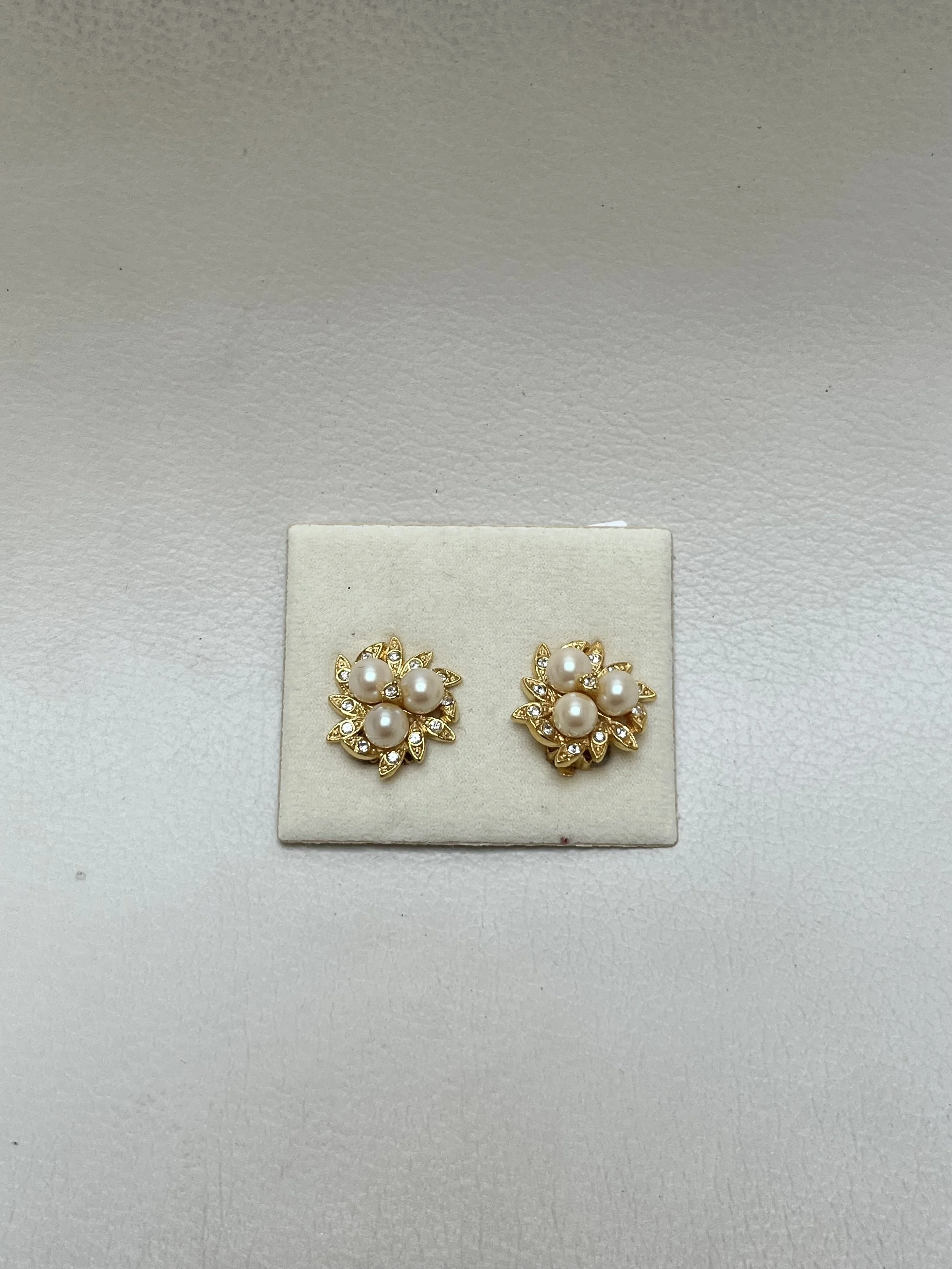 Golden Pearl Blossom Clip Earrings