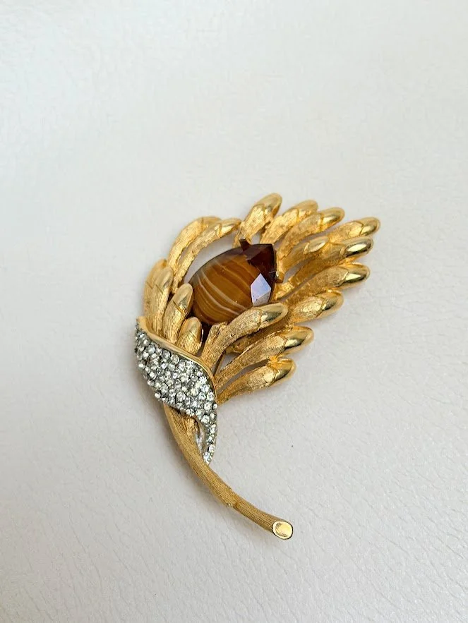 Vintage Schiaparelli Gold-Tone Leaf Brooch with Rhinestones & Central Gemstone